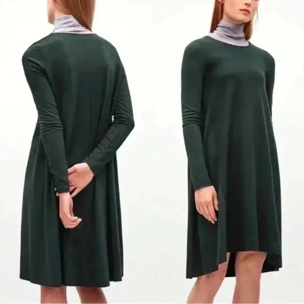 COS Wool Cotton Blend A-Line Long Sleeve Shift Jersey Dress Wool Panel Green M